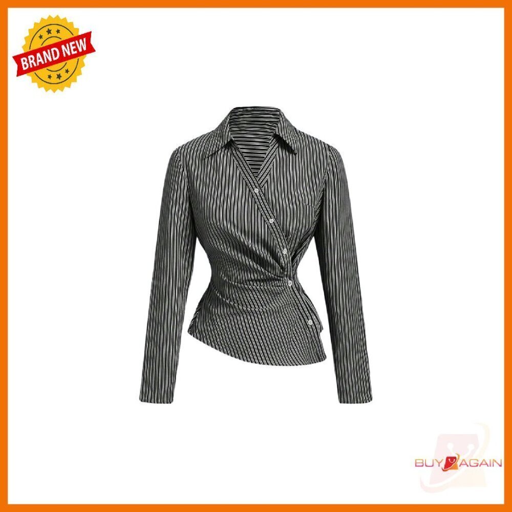 Women's Striped Button Down Blouse Long Sleeve Ruched Wrap Asymmetrical